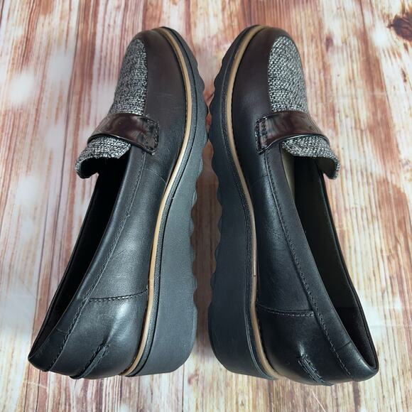 Clarks SHARON GRACIE Womens Size 8.5 Black Leather Tweed Wedge Loafers Shoes - Picture 6 of 10
